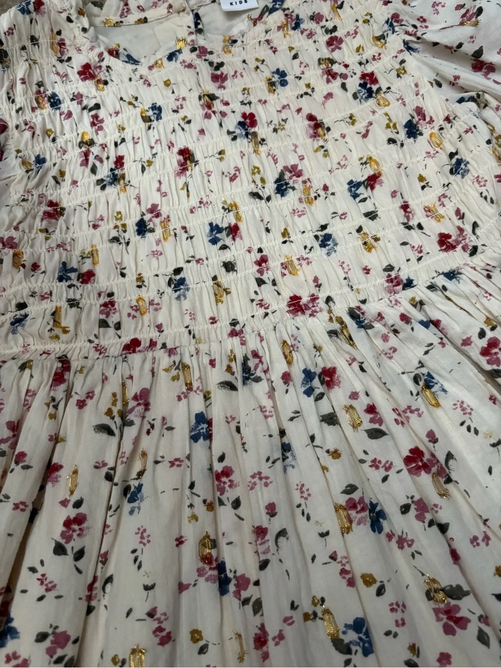 GAP Cream Floral Smocked Long-Sleeve Dress with Gold Accents in Size 6-7